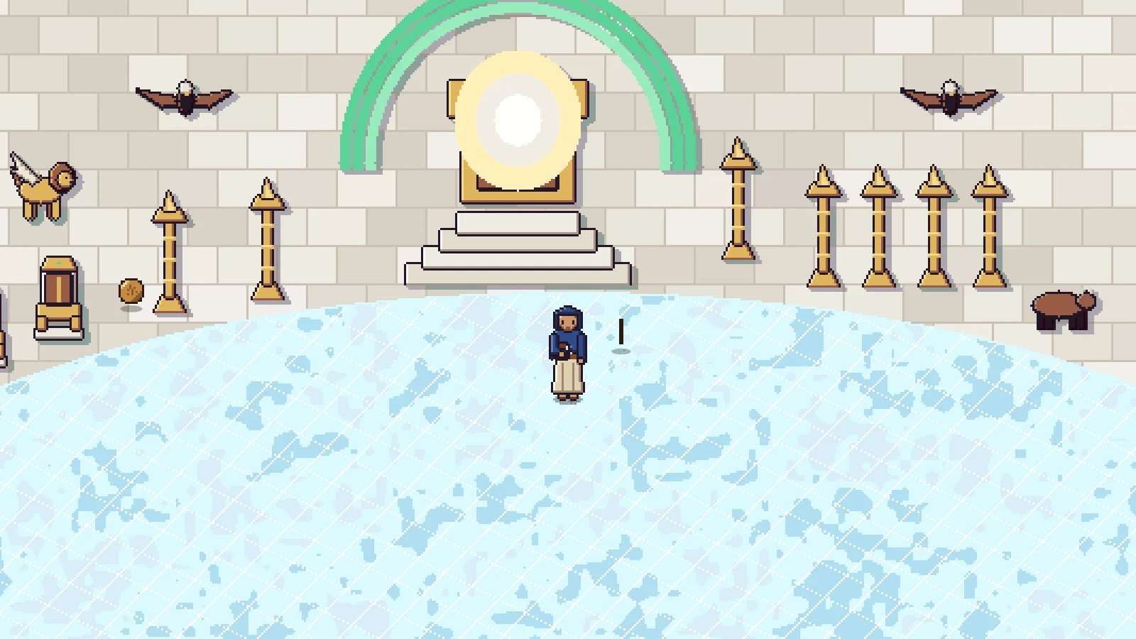 The throne in heaven, shown as light beneath an emerald rainbow, with the four living creatures and the sea of glass