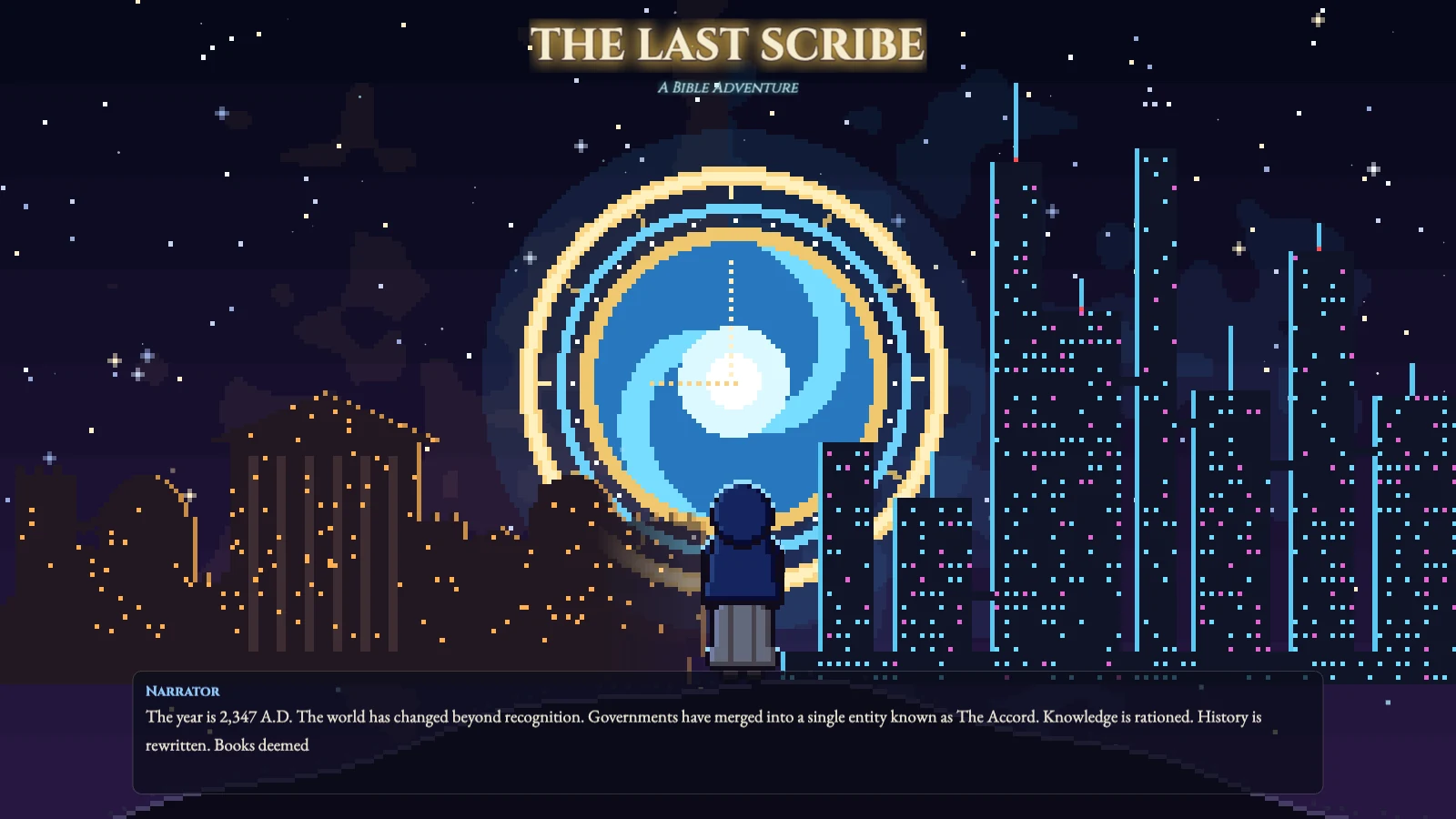 The opening of the game: a hooded Scribe stands between an ancient city and a future one, before a glowing portal through time